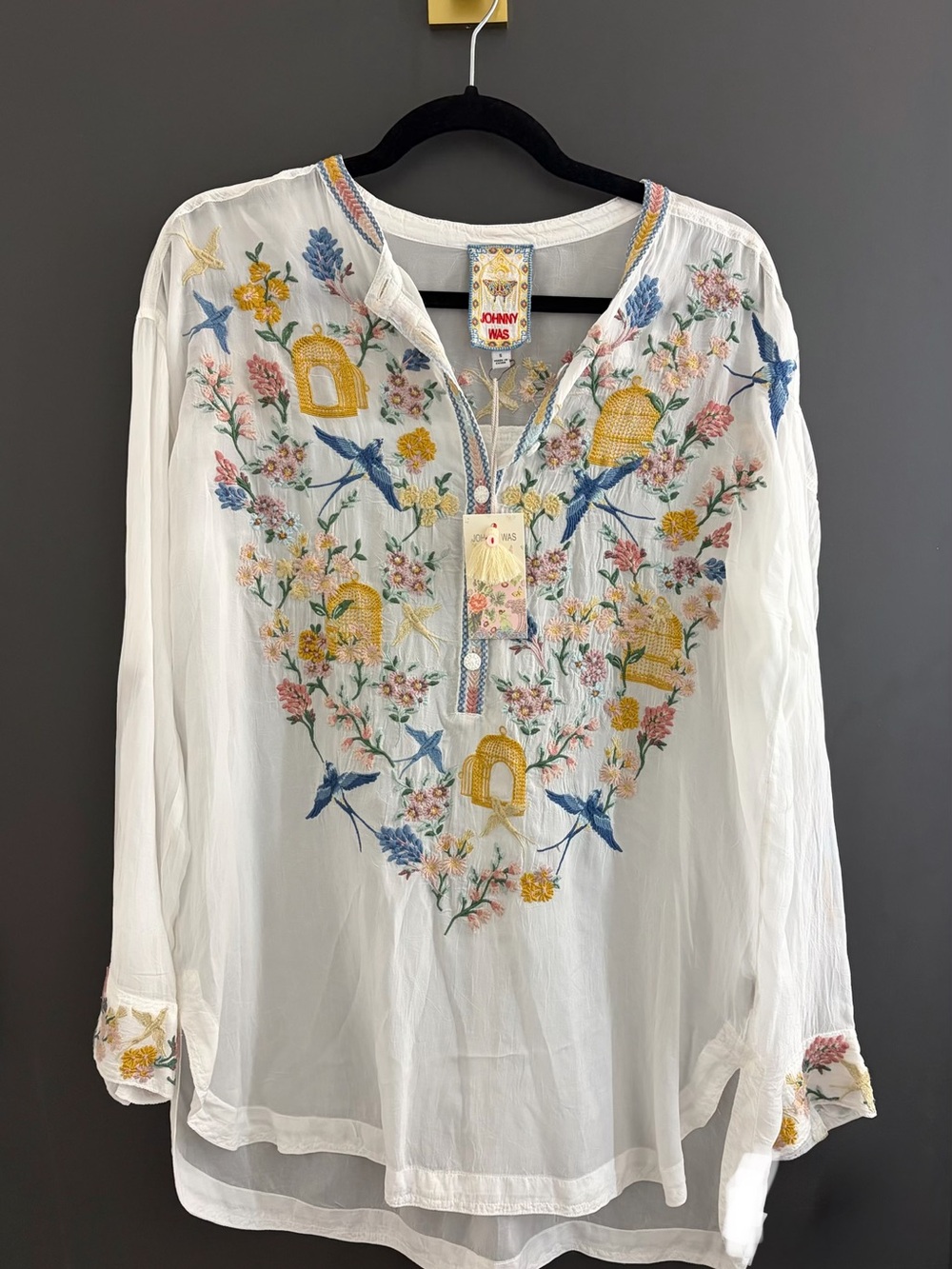Johnny Was White Embroidered V-Neck Tunic with Multicolor Floral & Bird Motif